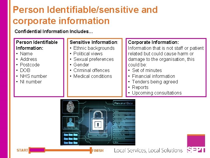 Person Identifiable/sensitive and corporate information Confidential Information Includes… Person Identifiable Information: • Name •