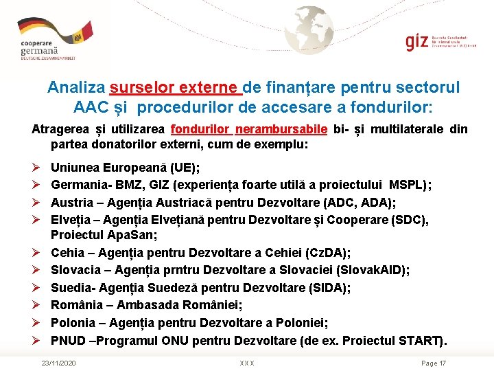 Analiza surselor externe de finanțare pentru sectorul AAC și procedurilor de accesare a fondurilor: