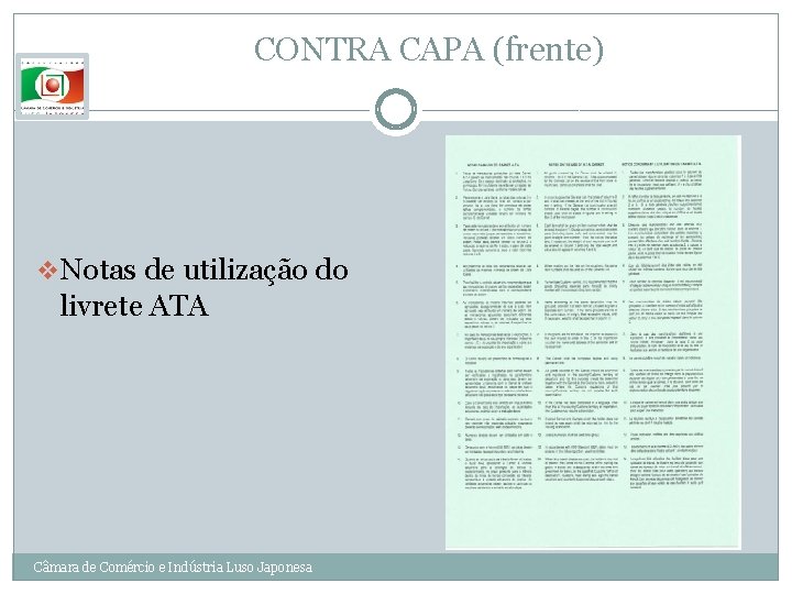 CONTRA CAPA (frente) v Notas de utilização do livrete ATA Câmara de Comércio e