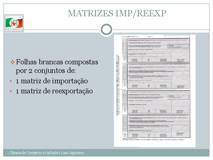 MATRIZES IMP/REEXP v Folhas brancas compostas por 2 conjuntos de: • 1 matriz de