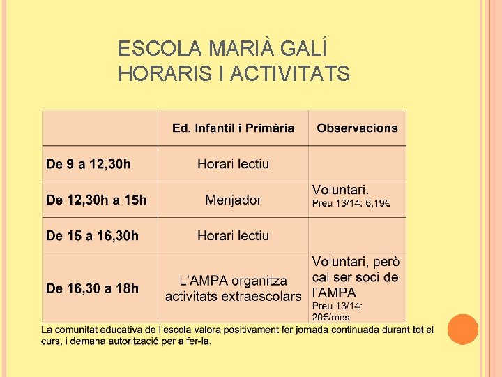 ESCOLA MARIÀ GALÍ HORARIS I ACTIVITATS 