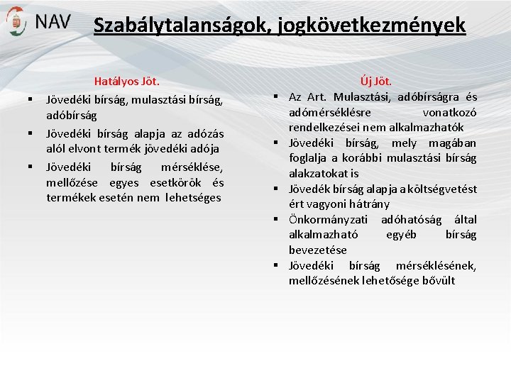 Szabálytalanságok, jogkövetkezmények § § § Hatályos Jöt. Jövedéki bírság, mulasztási bírság, adóbírság Jövedéki bírság