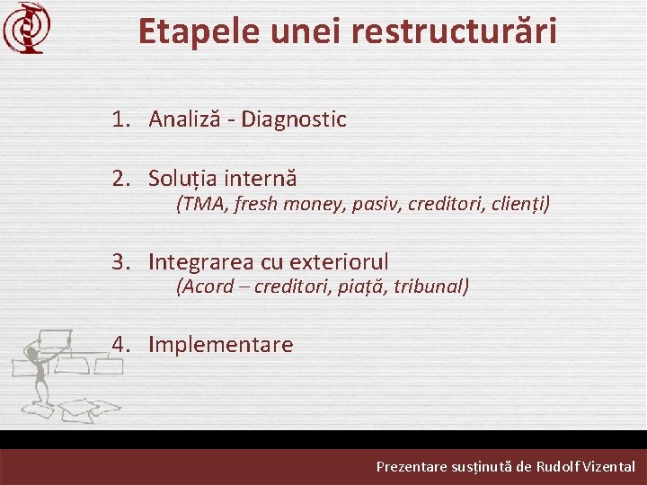 Etapele unei restructurări 1. Analiză - Diagnostic 2. Soluția internă (TMA, fresh money, pasiv,