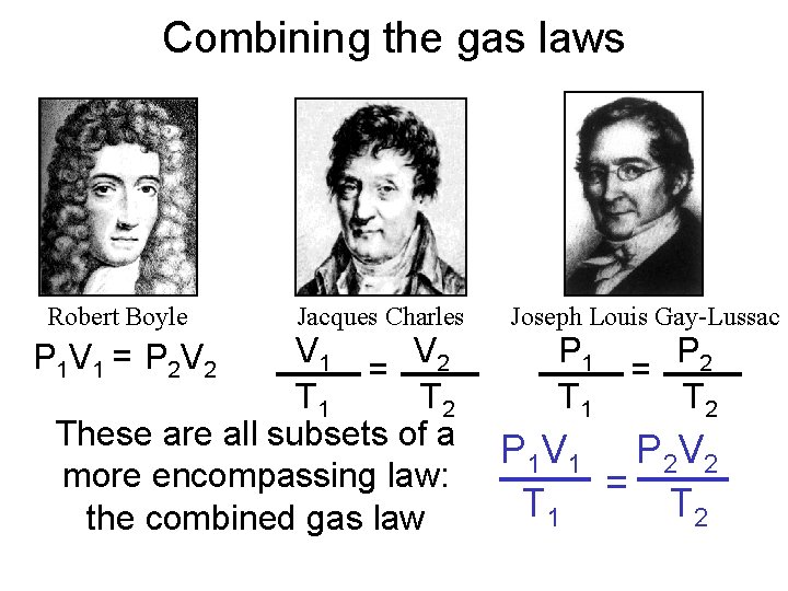 Combining the gas laws Robert Boyle Jacques Charles V 1 V 2 = T