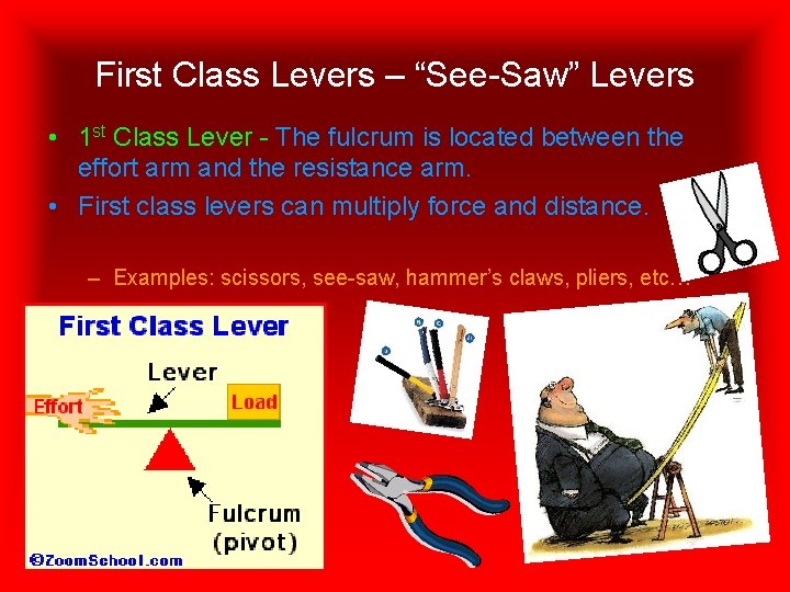First Class Levers – “See-Saw” Levers • 1 st Class Lever - The fulcrum