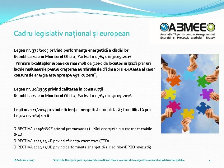 Cadru legislativ național și european Legea nr. 372/2005 privind performanța energetică a clădirilor Republicarea