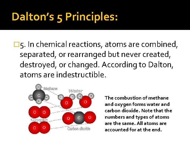 Dalton’s 5 Principles: � 5. In chemical reactions, atoms are combined, separated, or rearranged