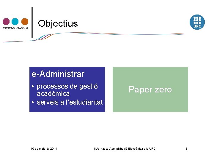 www. upc. edu Objectius e-Administrar • processos de gestió acadèmica • serveis a l’estudiantat