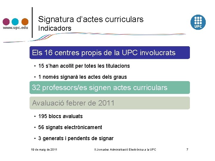 Signatura d’actes curriculars www. upc. edu Indicadors Els 16 centres propis de la UPC