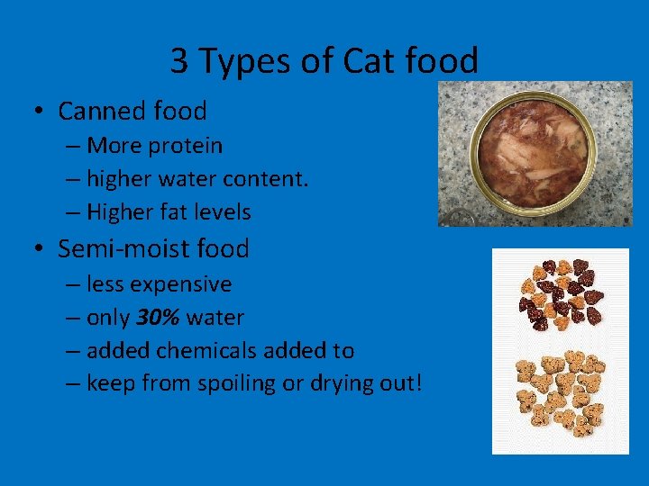 3 Types of Cat food • Canned food – More protein – higher water