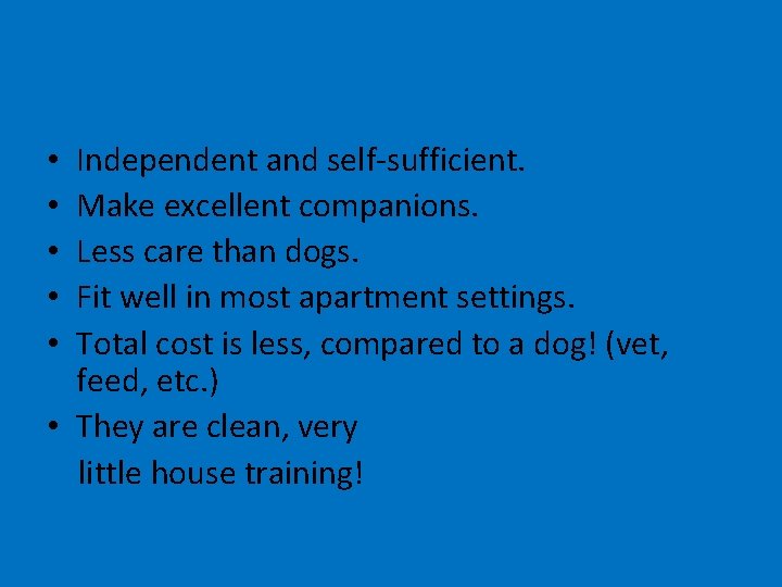 Independent and self-sufficient. Make excellent companions. Less care than dogs. Fit well in most