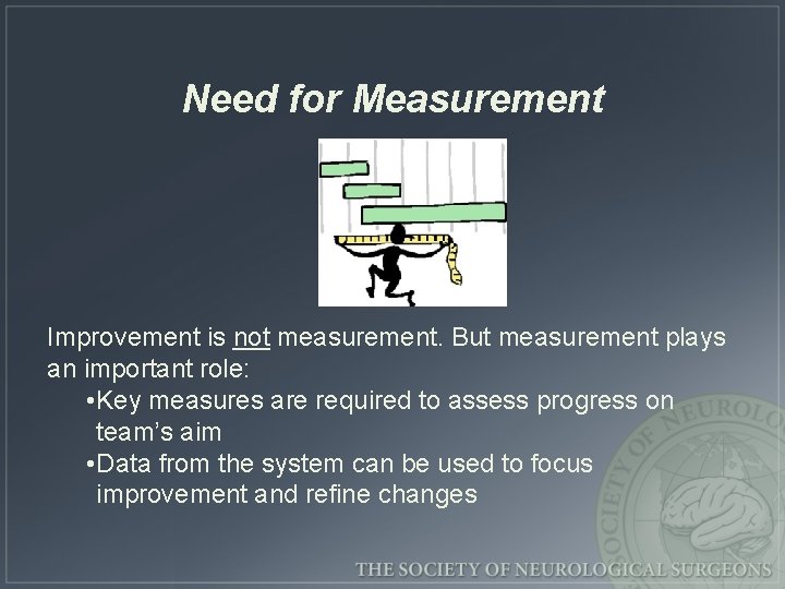 Need for Measurement Improvement is not measurement. But measurement plays an important role: •