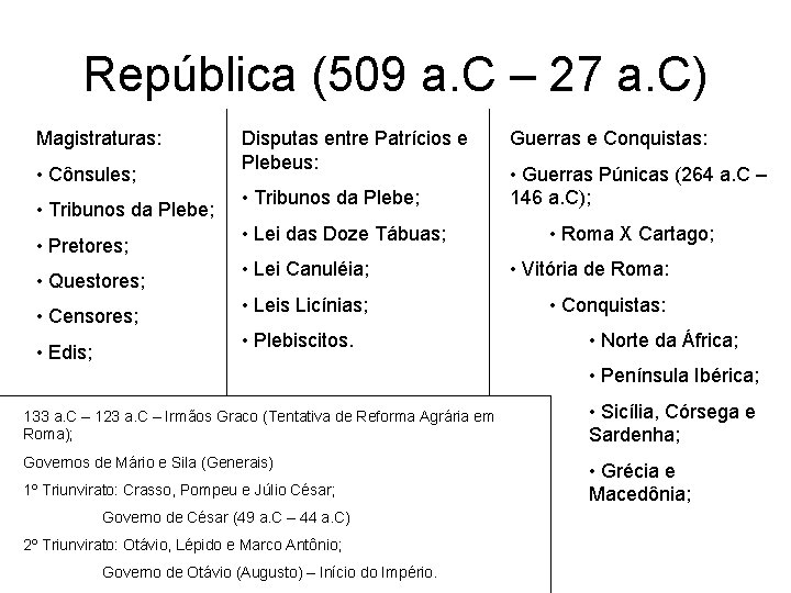República (509 a. C – 27 a. C) Magistraturas: • Cônsules; • Tribunos da