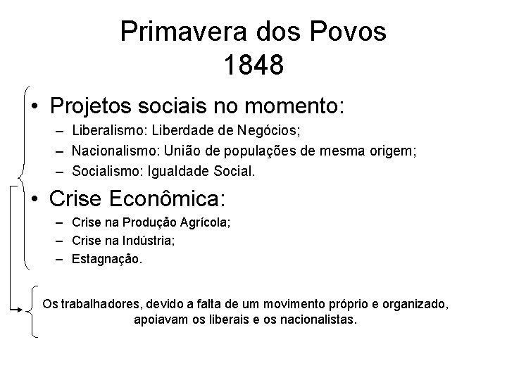 Primavera dos Povos 1848 • Projetos sociais no momento: – Liberalismo: Liberdade de Negócios;