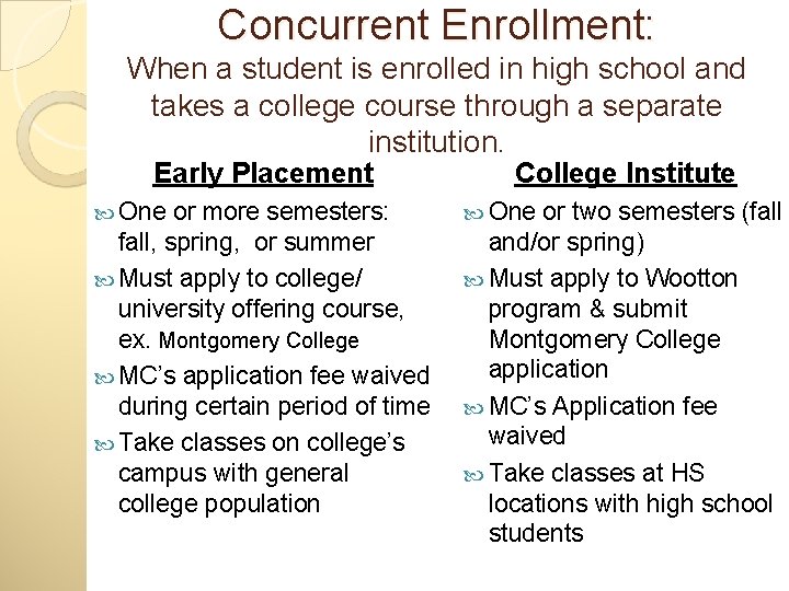 Concurrent Enrollment: When a student is enrolled in high school and takes a college