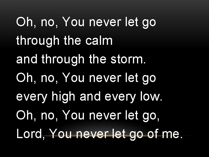 Oh, no, You never let go through the calm and through the storm. Oh, Oh, no, You never let go through the calm and through the storm. Oh,