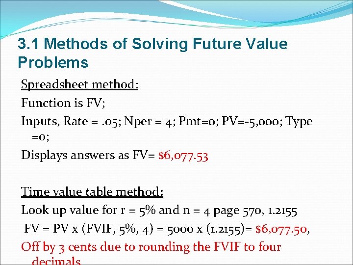 3. 1 Methods of Solving Future Value Problems Spreadsheet method: Function is FV; Inputs, 3. 1 Methods of Solving Future Value Problems Spreadsheet method: Function is FV; Inputs,