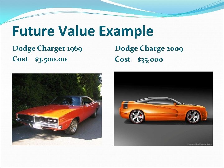 Future Value Example Dodge Charger 1969 Cost $3, 500. 00 Dodge Charge 2009 Cost Future Value Example Dodge Charger 1969 Cost $3, 500. 00 Dodge Charge 2009 Cost