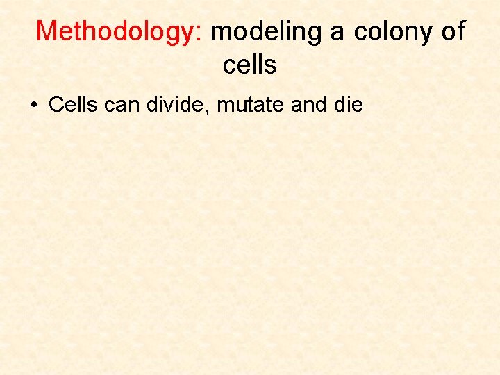 Methodology: modeling a colony of cells • Cells can divide, mutate and die 