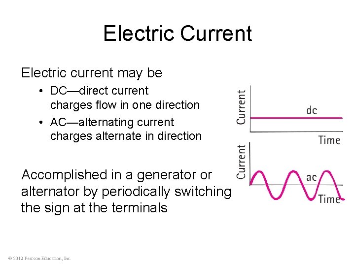 Electric Current Electric current may be • DC—direct current charges flow in one direction