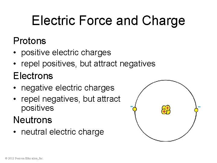 Electric Force and Charge Protons • positive electric charges • repel positives, but attract