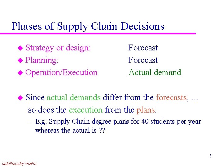 Phases of Supply Chain Decisions u Strategy or design: u Planning: u Operation/Execution Forecast