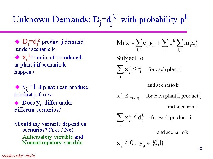 Unknown Demands: Dj=djk with probability pk u Dj=djk product j demand under scenario k