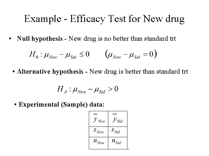 Example - Efficacy Test for New drug • Null hypothesis - New drug is Example - Efficacy Test for New drug • Null hypothesis - New drug is