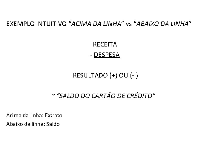 EXEMPLO INTUITIVO “ACIMA DA LINHA” vs “ABAIXO DA LINHA” RECEITA - DESPESA RESULTADO (+)