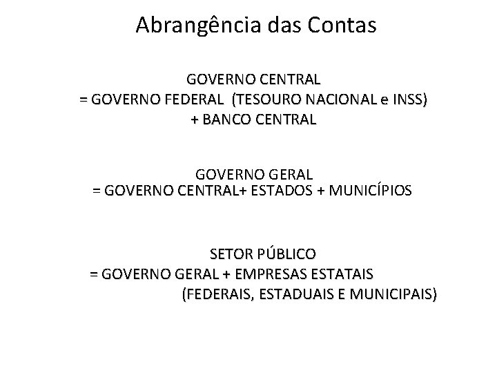 Abrangência das Contas GOVERNO CENTRAL = GOVERNO FEDERAL (TESOURO NACIONAL e INSS) + BANCO