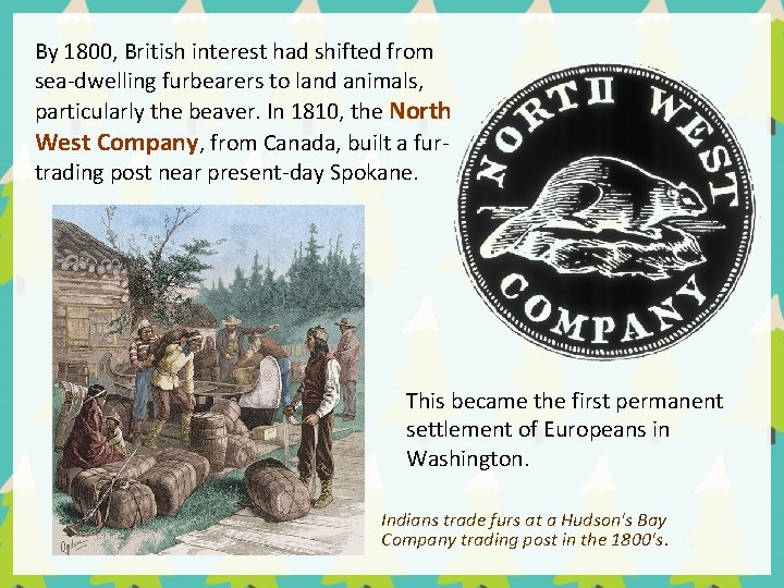 By 1800, British interest had shifted from sea-dwelling furbearers to land animals, particularly the