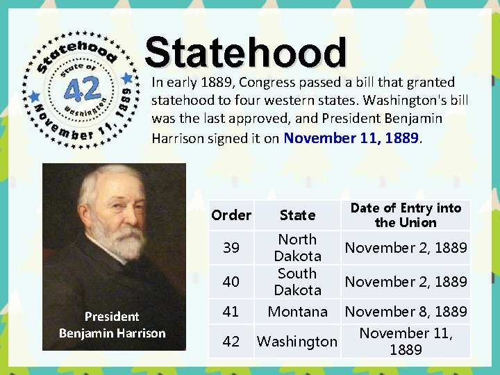 Statehood In early 1889, Congress passed a bill that granted statehood to four western