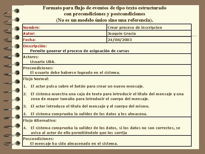 Formato para flujo de eventos de tipo texto estructurado con precondiciones y postcondiciones (No