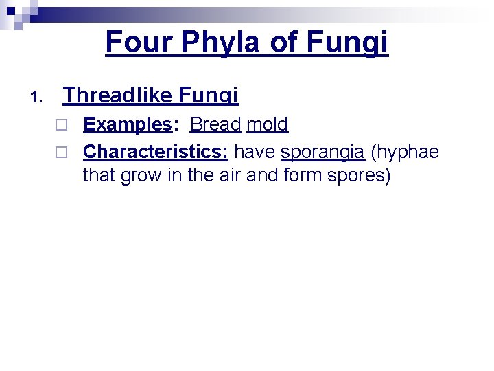 Four Phyla of Fungi 1. Threadlike Fungi Examples: Bread mold ¨ Characteristics: have sporangia