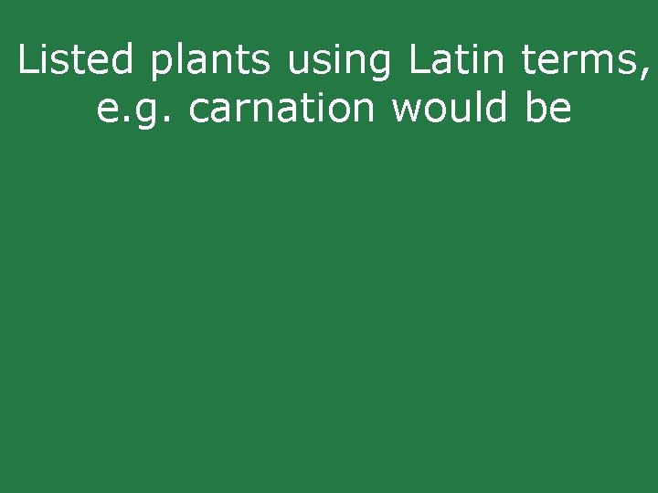 Listed plants using Latin terms, e. g. carnation would be Listed plants using Latin terms, e. g. carnation would be