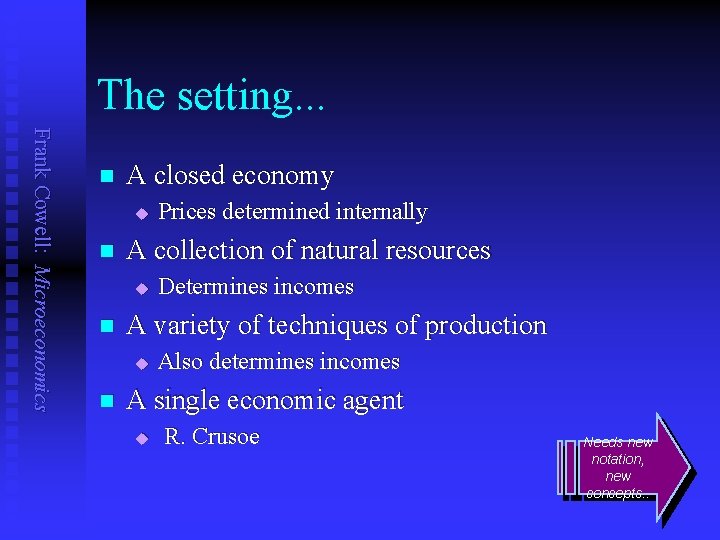 The setting. . . Frank Cowell: Microeconomics n A closed economy u n A