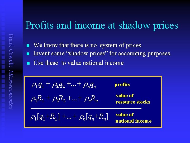 Profits and income at shadow prices Frank Cowell: Microeconomics n n n We know