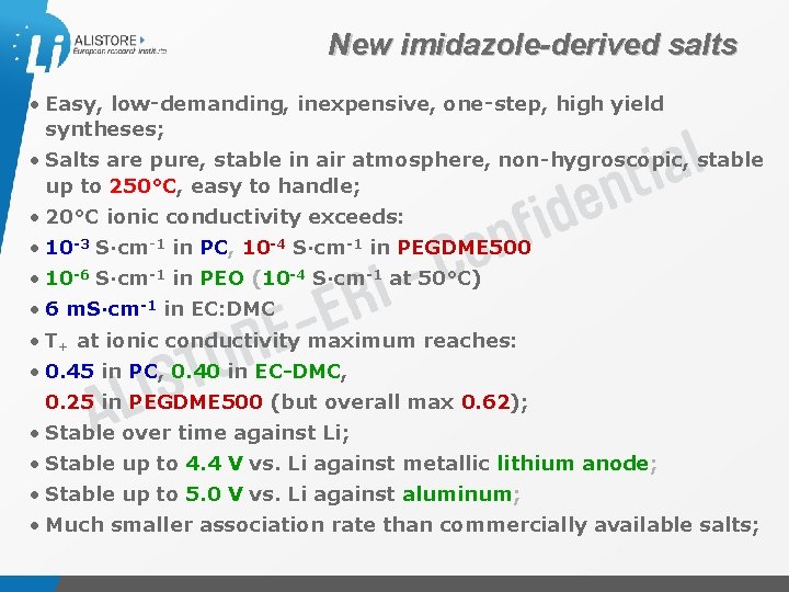 New imidazole-derived salts • Easy, low‑demanding, inexpensive, one‑step, high yield syntheses; • Salts are