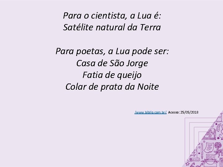 Para o cientista, a Lua é: Satélite natural da Terra Para poetas, a Lua