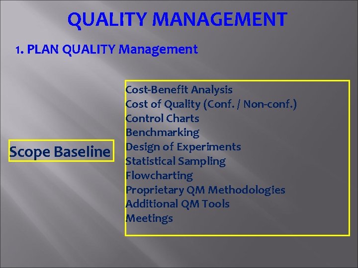 QUALITY MANAGEMENT 1. PLAN QUALITY Management Scope Baseline Cost-Benefit Analysis Cost of Quality (Conf.