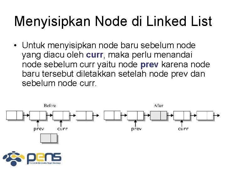 Menyisipkan Node di Linked List • Untuk menyisipkan node baru sebelum node yang diacu