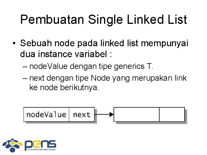 Pembuatan Single Linked List • Sebuah node pada linked list mempunyai dua instance variabel