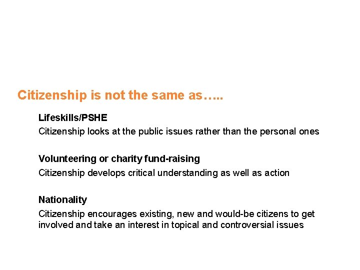 Citizenship is not the same as…. . Lifeskills/PSHE Citizenship looks at the public issues