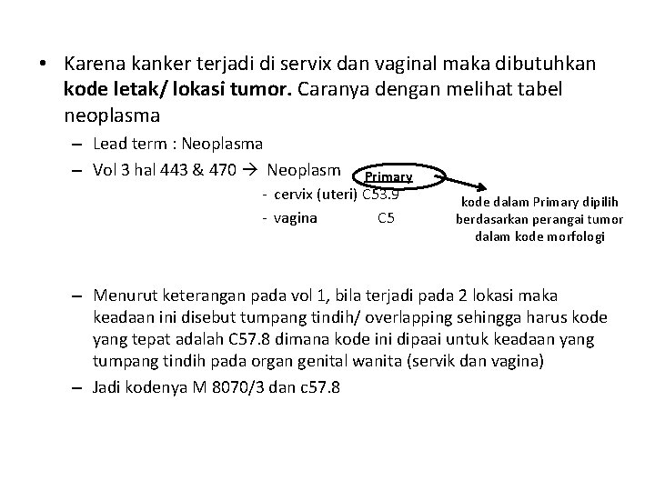  • Karena kanker terjadi di servix dan vaginal maka dibutuhkan kode letak/ lokasi