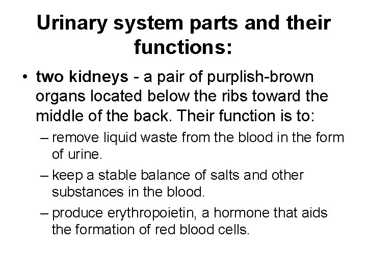 Urinary system parts and their functions: • two kidneys - a pair of purplish-brown
