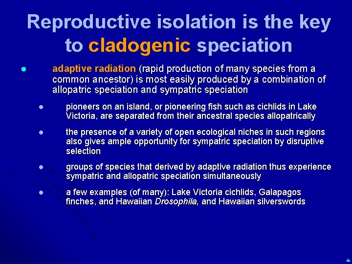 Reproductive isolation is the key to cladogenic speciation adaptive radiation (rapid production of many