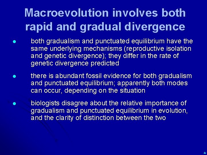 Macroevolution involves both rapid and gradual divergence l both gradualism and punctuated equilibrium have