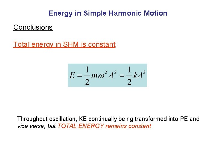 Energy in Simple Harmonic Motion Conclusions Total energy in SHM is constant Throughout oscillation,