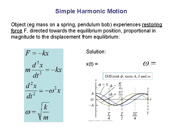 Simple Harmonic Motion Object (eg mass on a spring, pendulum bob) experiences restoring force