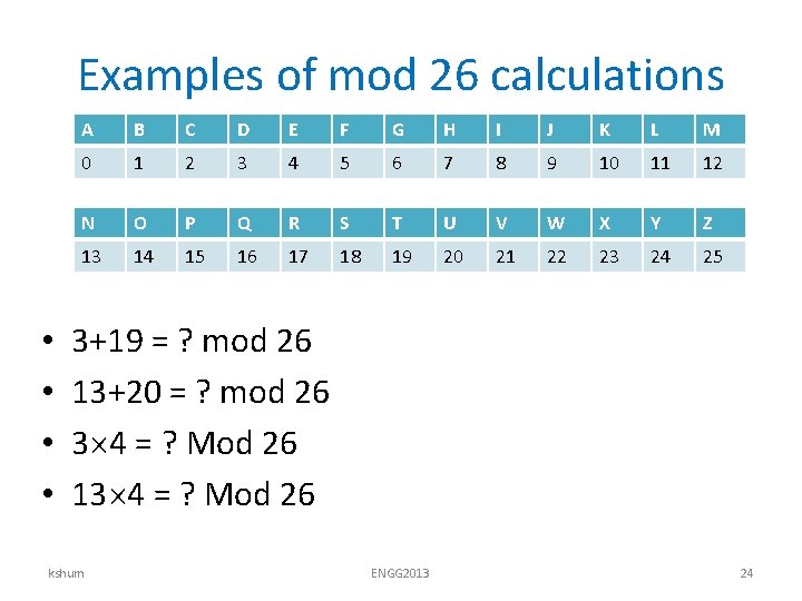 Examples of mod 26 calculations • • A B C D E F G